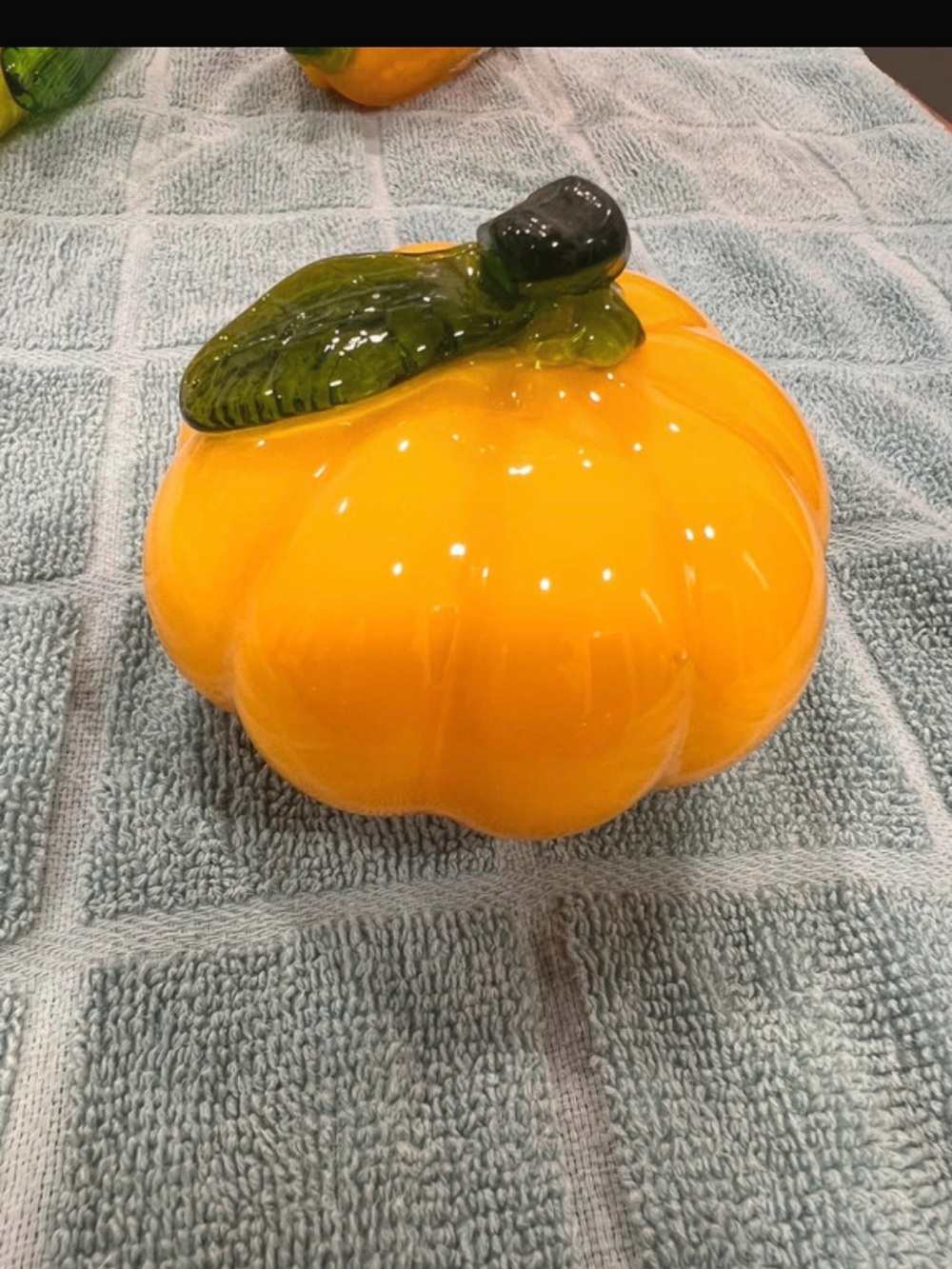 Glossy Orange Ceramic Pumpkin Accent with Green Leaf - Home Accents Vases